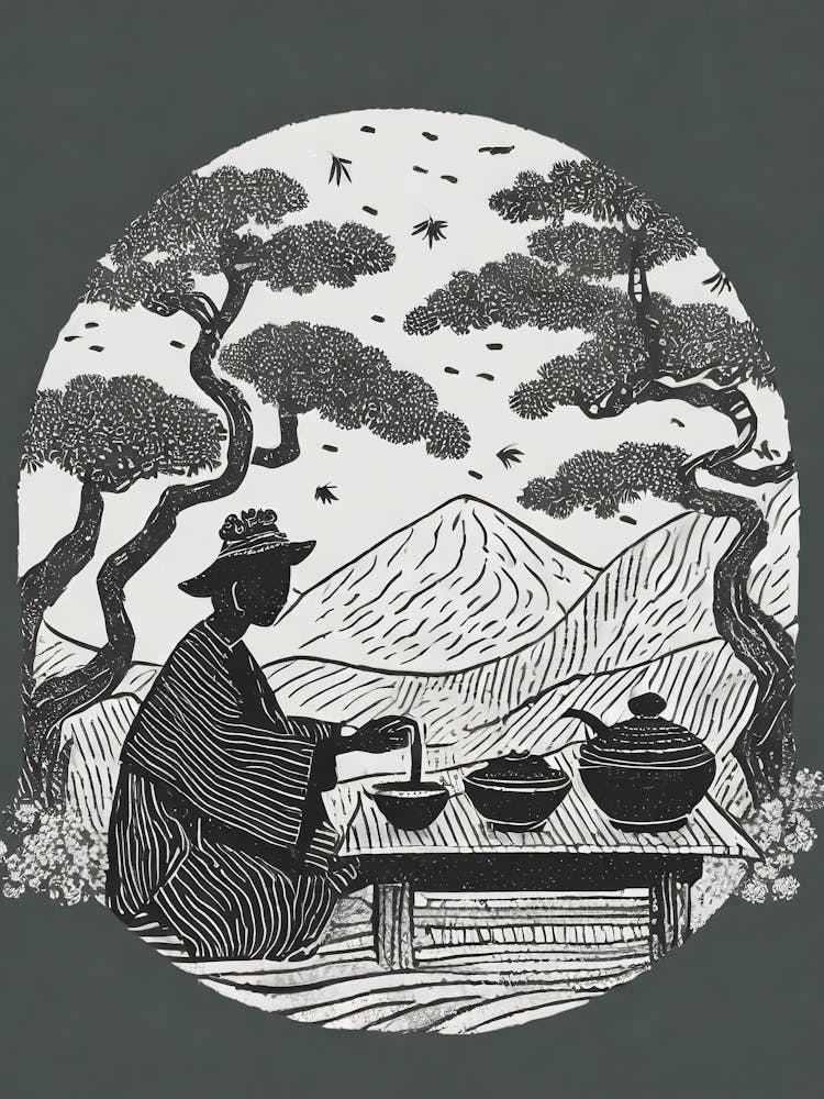 A Tea Ceremony In A Tranquil Garden Setting Ukiyo-E Style