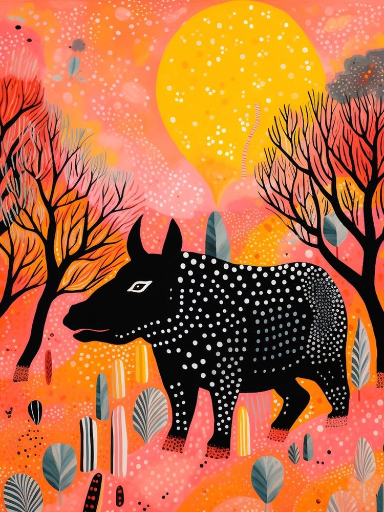 Polka Dot Rhino With Orange Pink Sunset