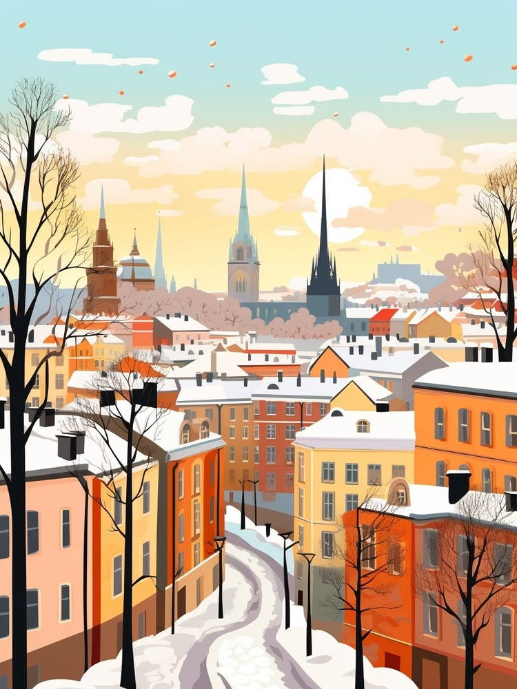 Vintage Winter Travel Illustration Stockholm Sweden 4