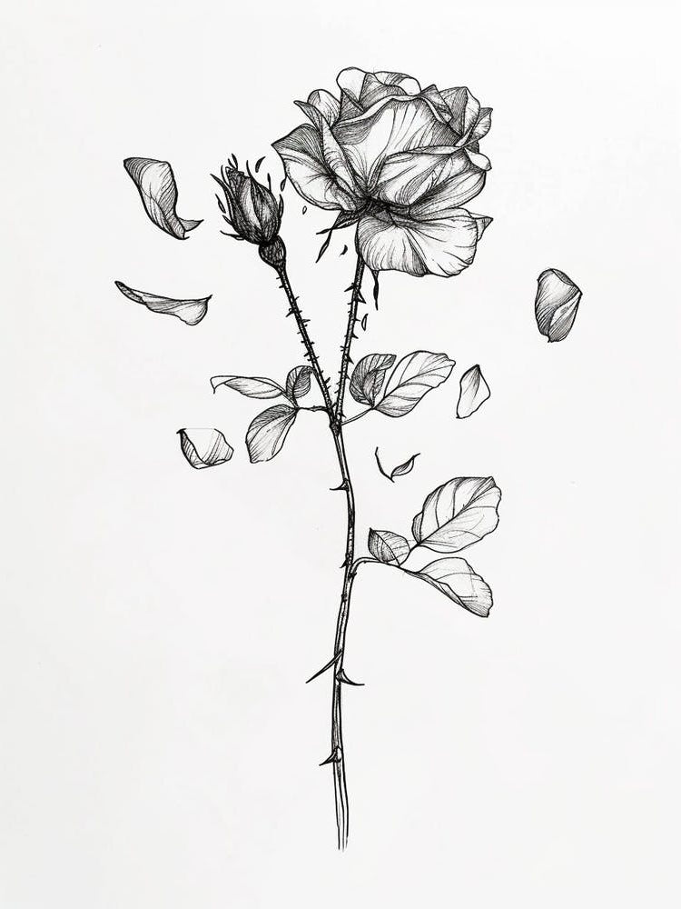 English Rose Petals Line Drawing 2