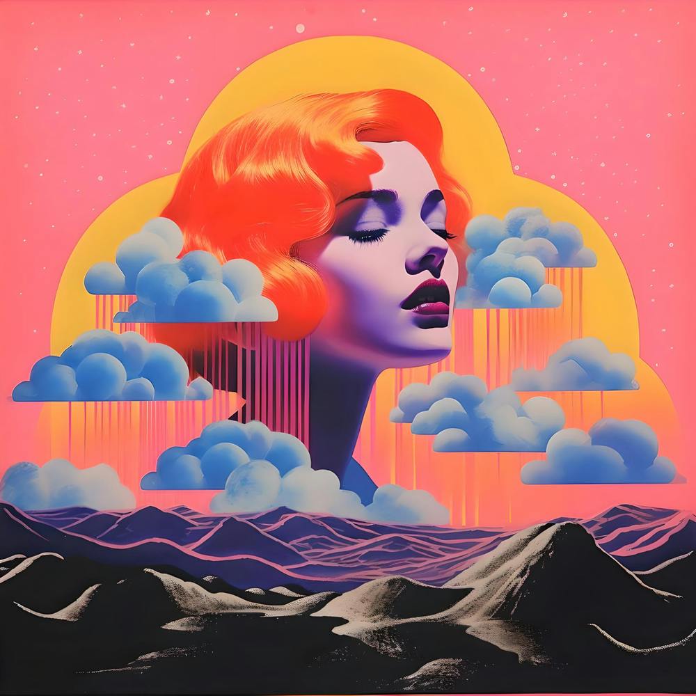 Risographie-Stil Surreale Szene, Rothaarige Frau & Wolken