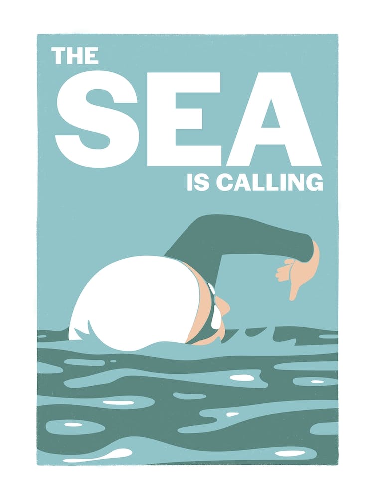 The sea is calling – vintage art deco style swimming art print in green