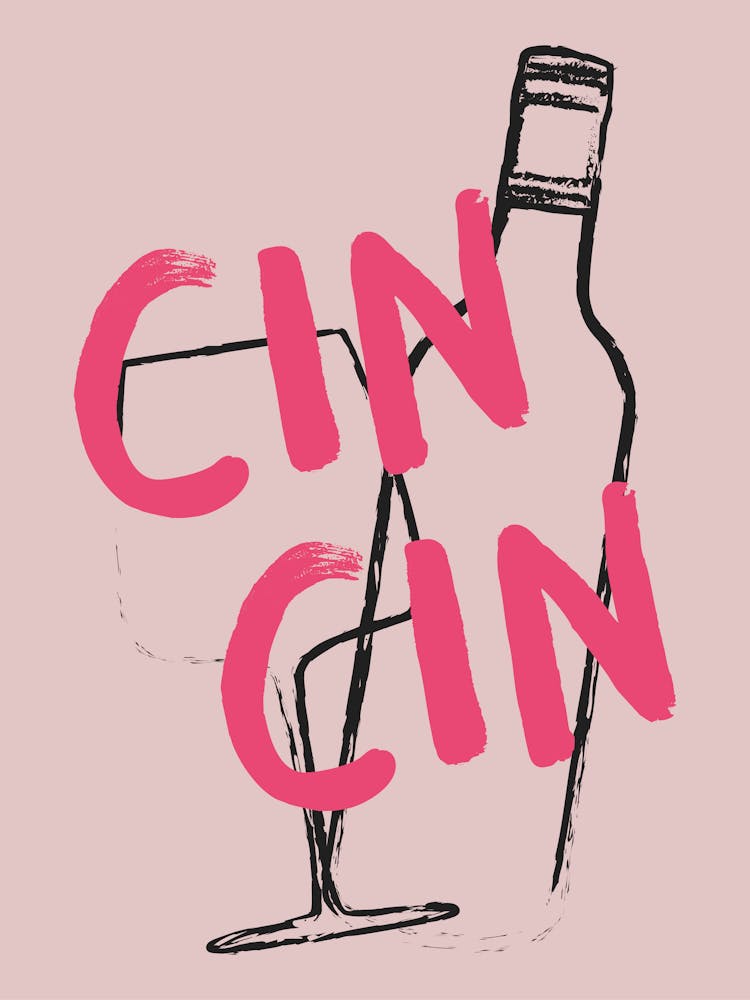 Pink Cin Cin Hand Drawn Illustrated Kitchen Bar Cart Art