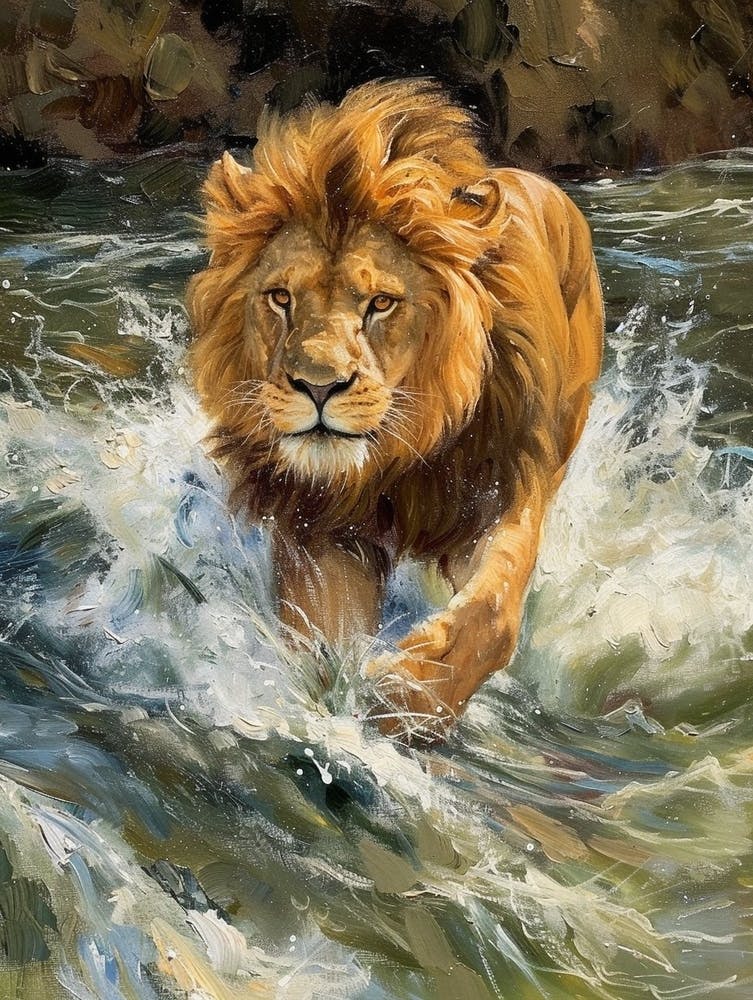 Barbary Lion Crossing A River Acrylic Painting 4
