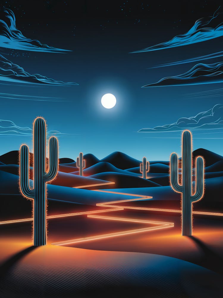 Surreal Oil Painting: Neon-Lit Desert at Twilight with Glowing Cacti, Warm Orange Lights on Sand Dunes, Deep Blue Swirling Sky, and Bright Moon.