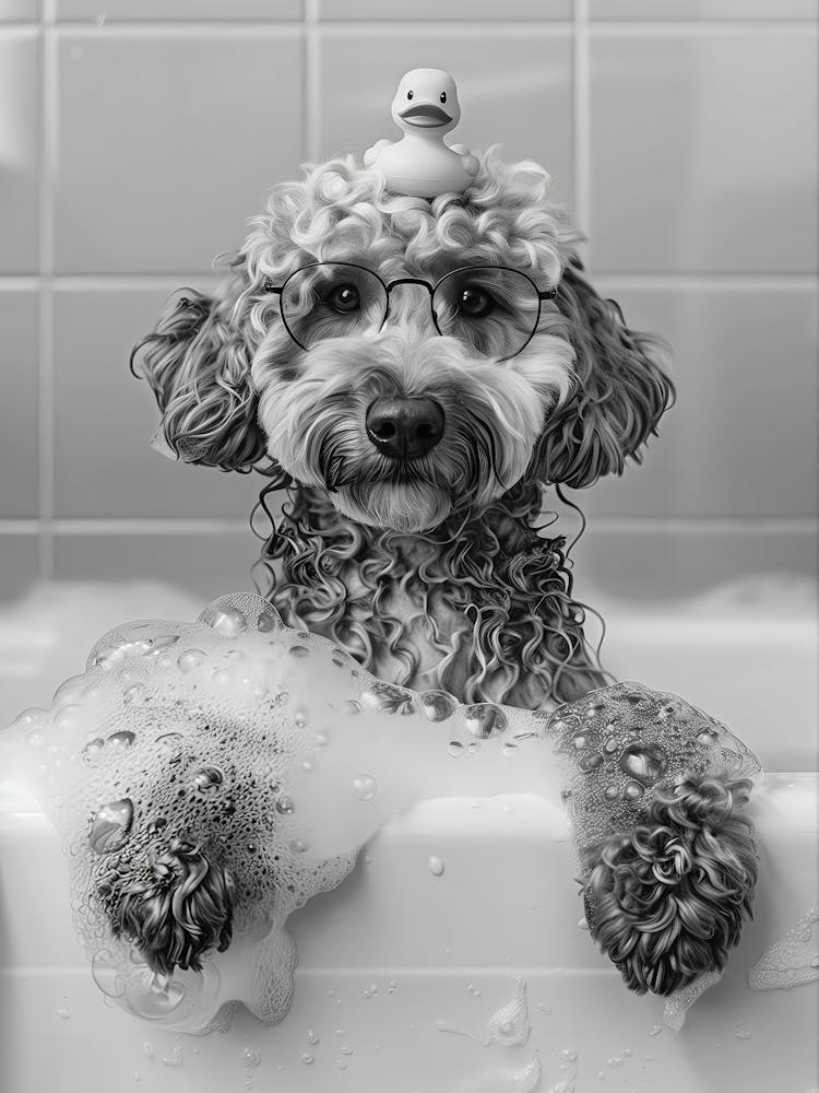 Labradoodle Bath Wall Art, Dog And Rubber Duck Bathtub, Black And White Print, Dog Owner Gift, Funny Dog Poster, Bathroom Wall Decor