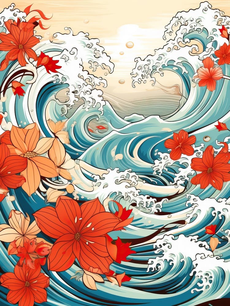 Great Wave With Daffodil Flower Drawing In The Style Of Ukiyo E 1