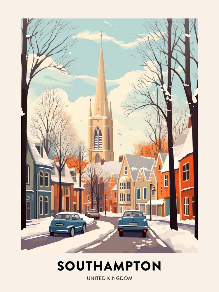 Vintage Winter Travel Poster Southampton United Kingdom 3