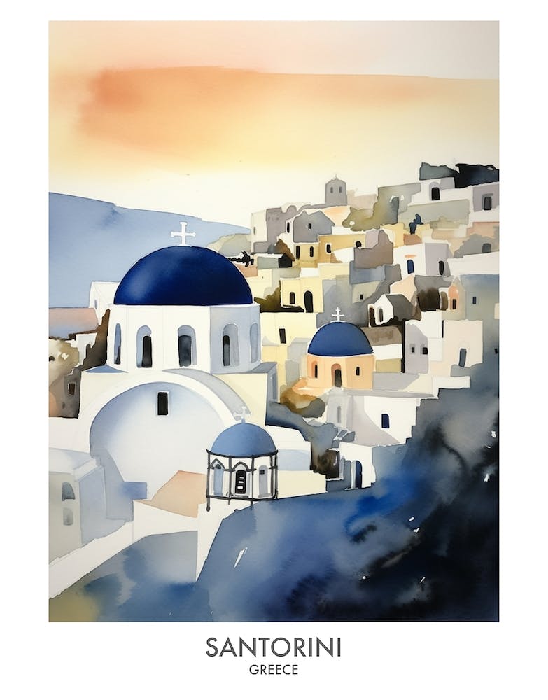 Santorin Grèce Affiche De Voyage À L'aquarelle 1