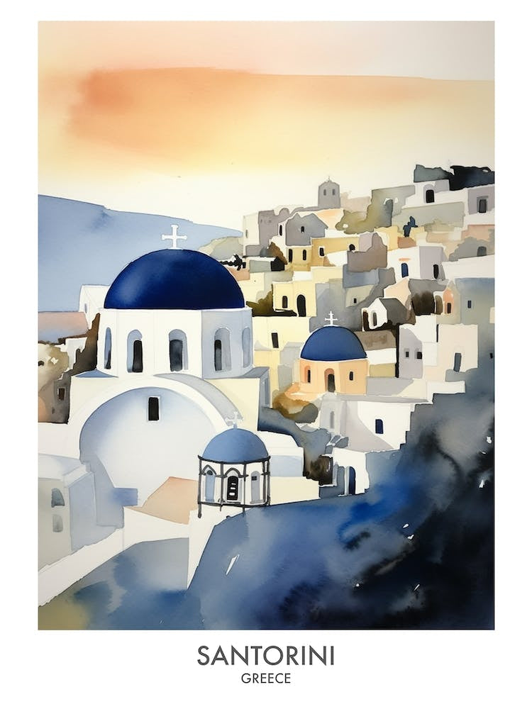 Santorini Greece Watercolour Travel Poster 1