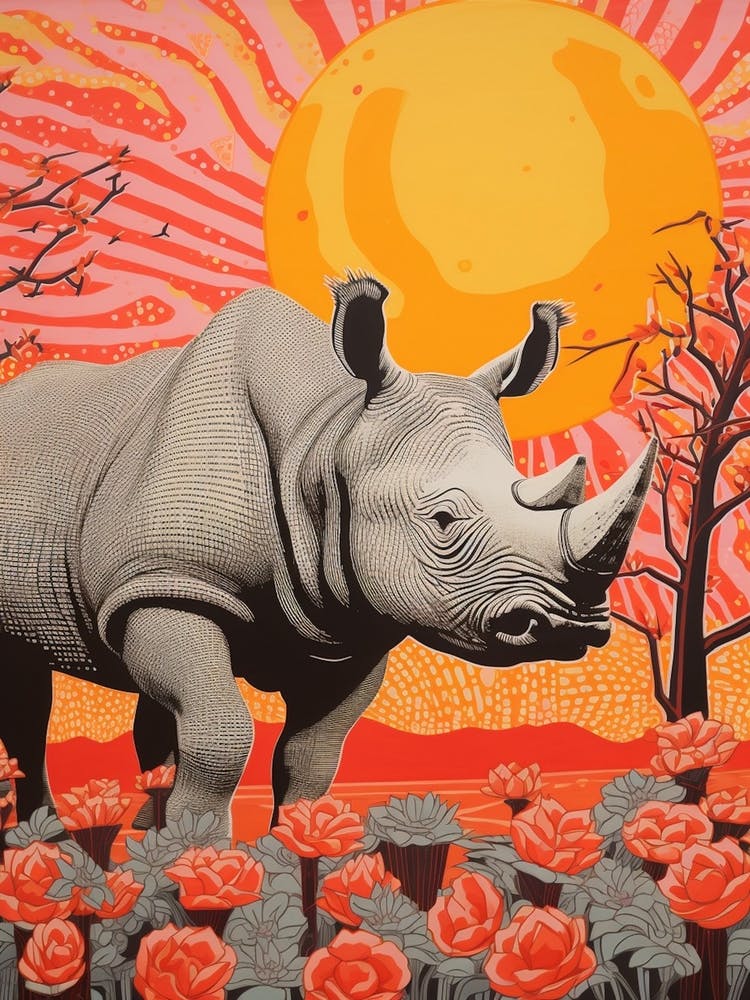 Black Pink & Orange Rhino With The Trees 2
