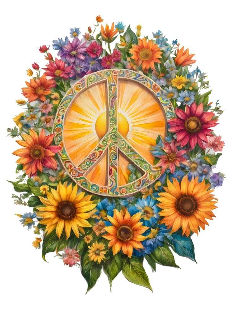 Flowers Sun Peace Sign - By Free Spirits and Hippies Official Wall Decor Artwork Hippy Bohemian Meditation Room Typography Minimalist Wording Groovy Trippy Psychedelic Boho Yoga Chick Gift For Her