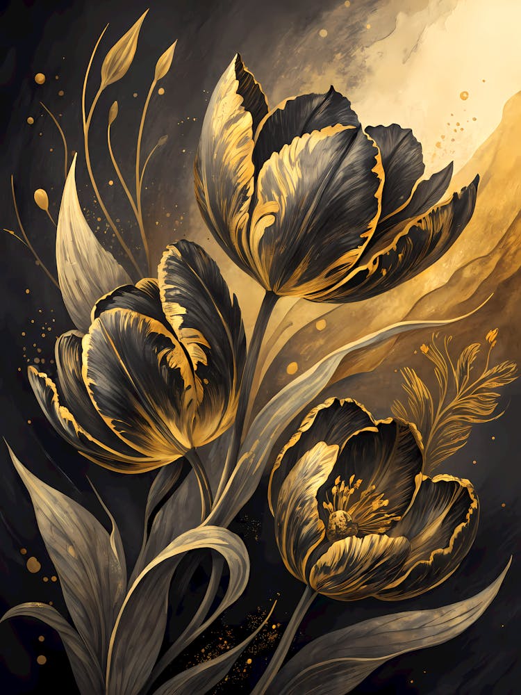 Oil Painting Style Black And Gold Abstract Tulip