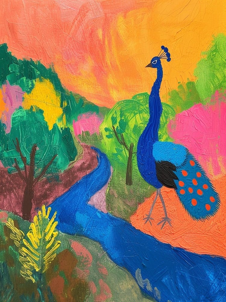 Peacock By The River Colourful Painting 4