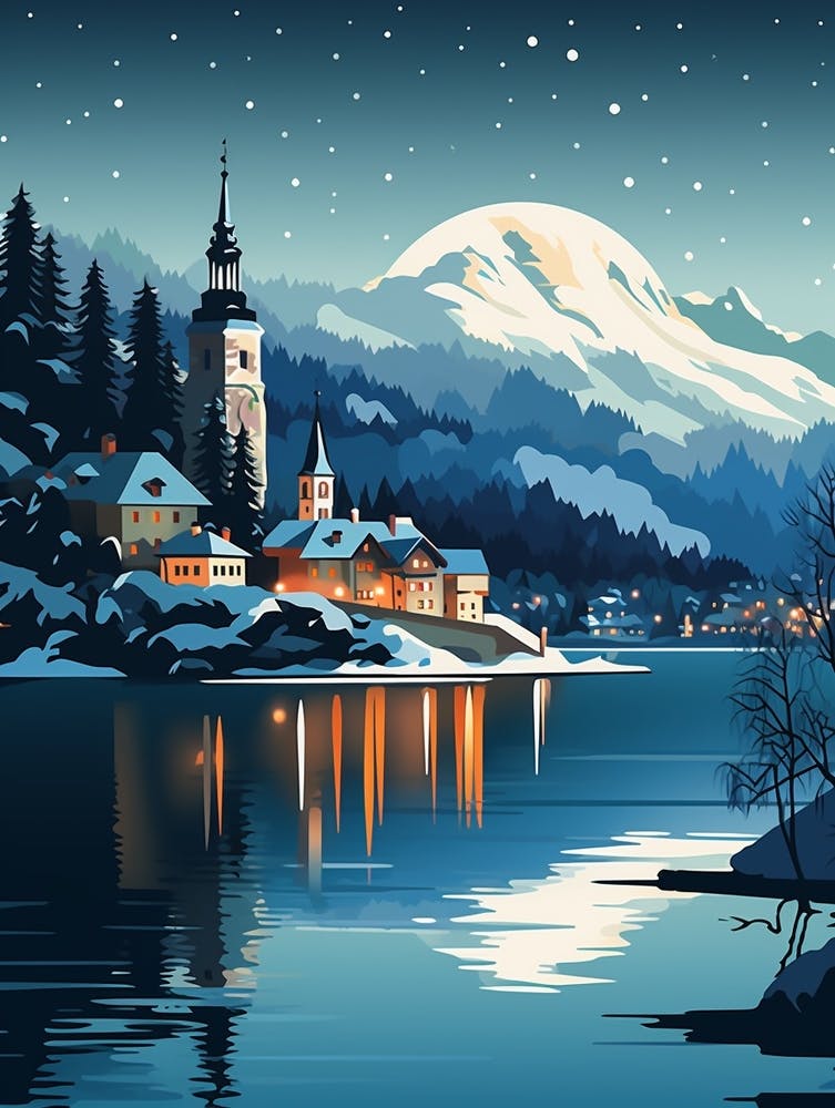 Winter Travel Night Illustration Lake Bled Slovenia