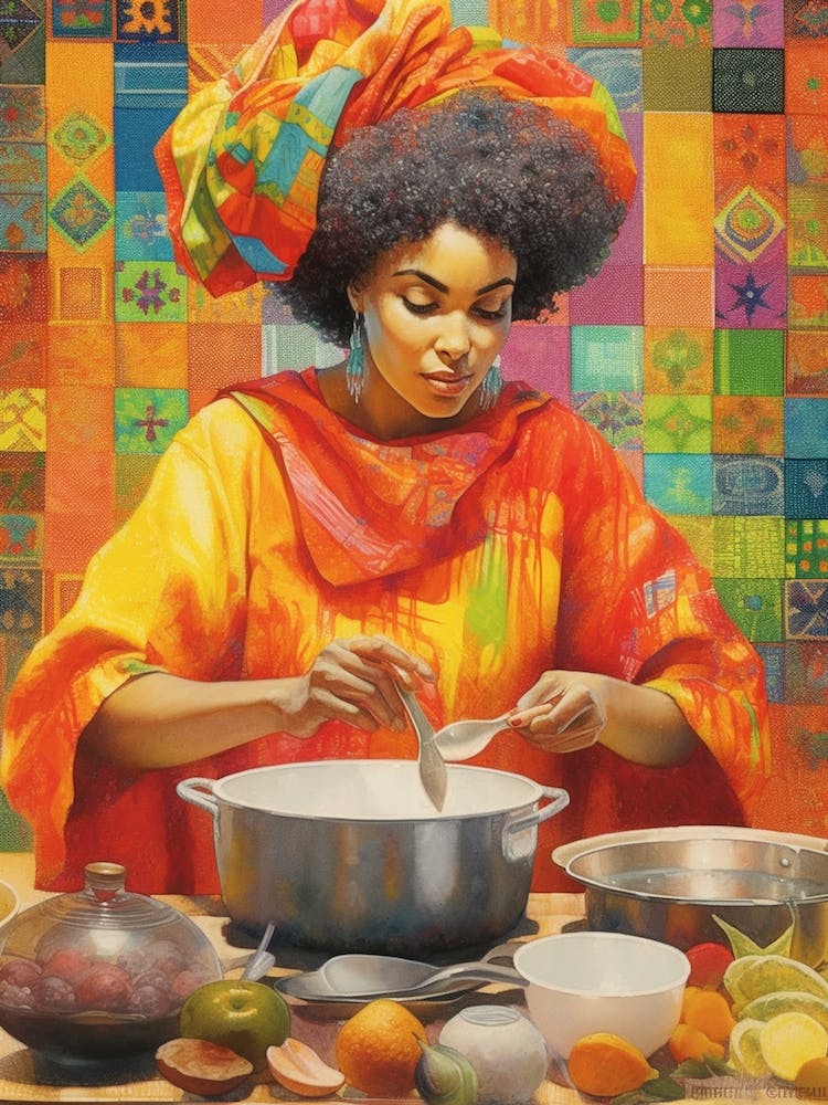 Afro Cooking Pencil Drawing Patchwork 3