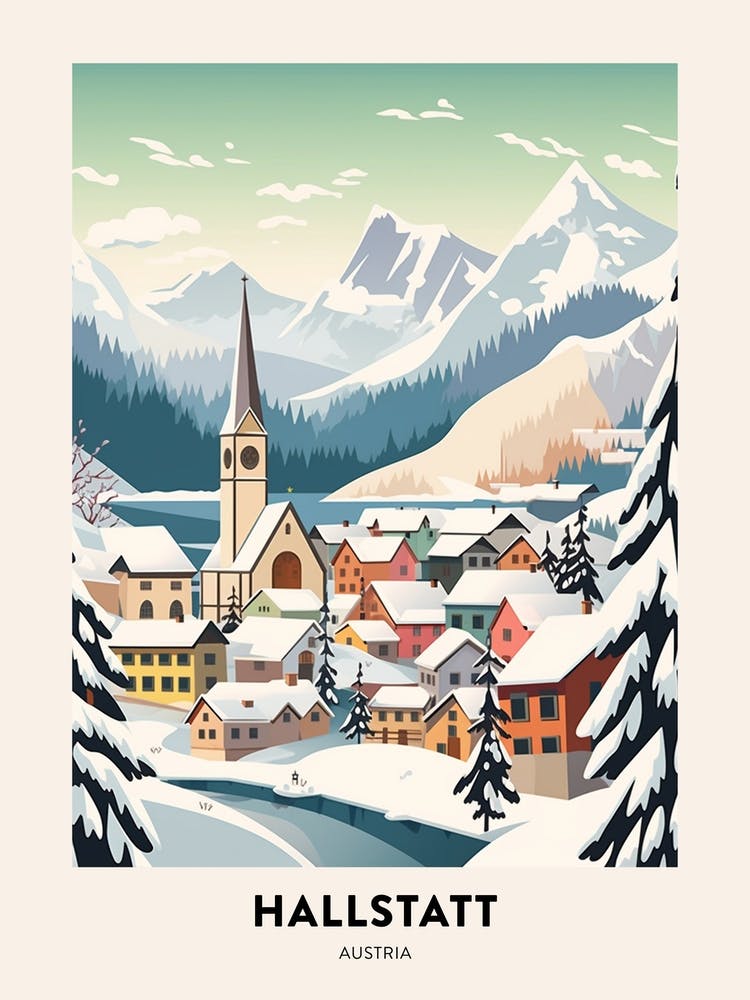 Vintage Winter Travel Poster Hallstatt Austria 2