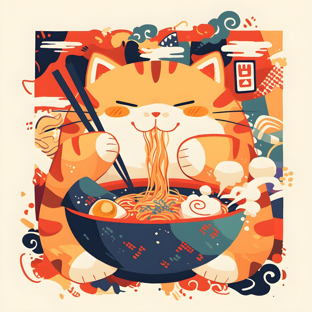 Kawaii Cat Enjoying Ramen – Cute Japanese Food And Culture Illustration