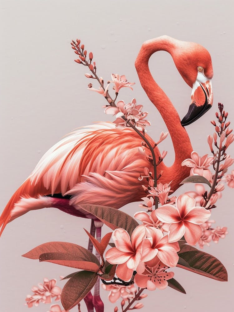 Lesser Flamingo And Plumeria Minimalist Illustration 2
