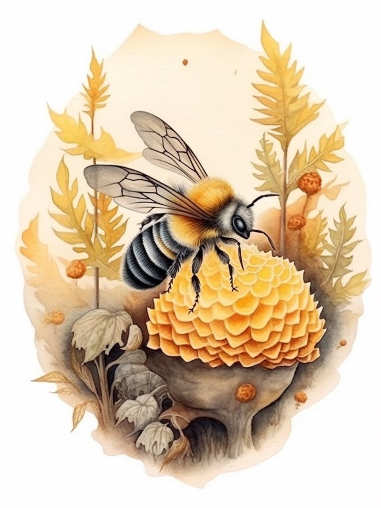 California Bumble Bee Beehive Watercolour Illustration 2