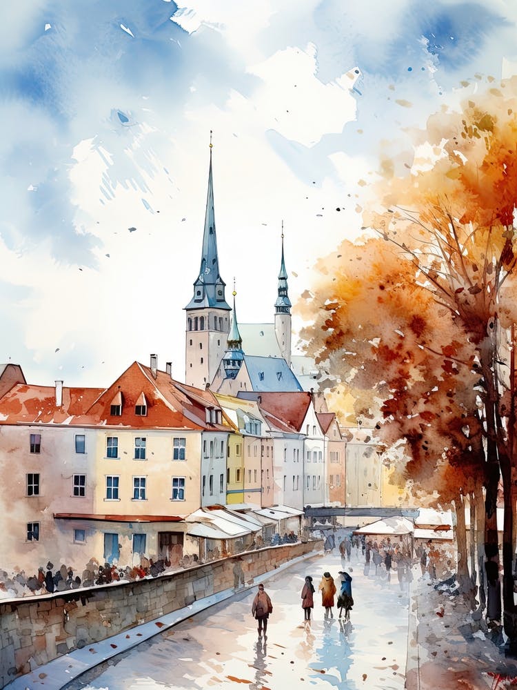 Tallinn Estonia In Autumn Fall, Watercolour 3