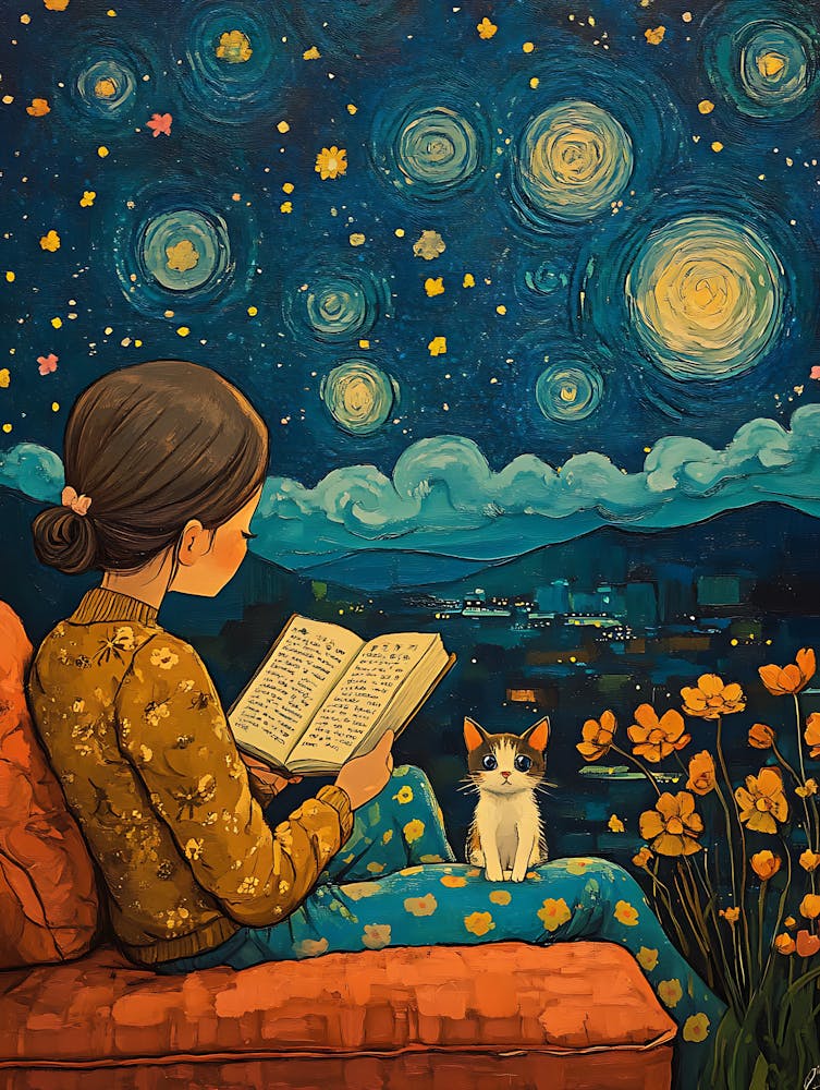 Girl Reading Book with Her Cat 3
