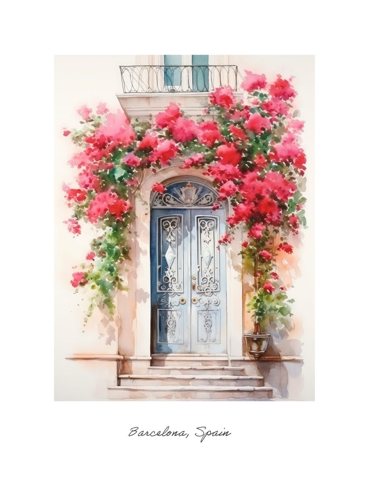 Barcelona, Spain   Mediterranean Doors Watercolour Painting 4 Poster
