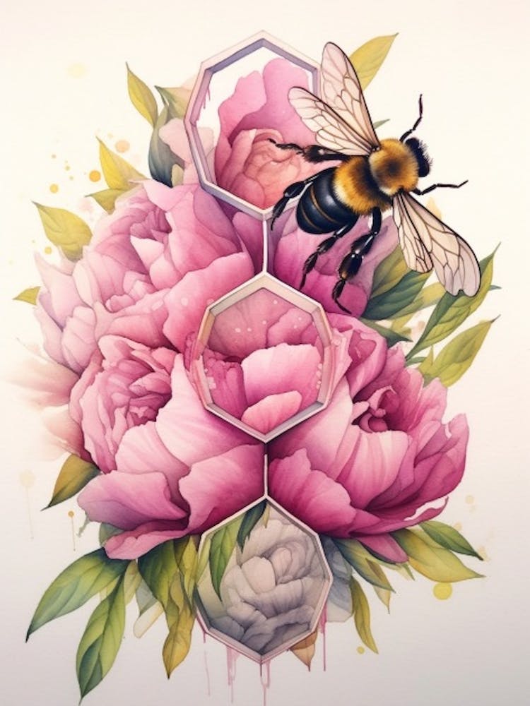 Beehive With Peony Watercolour Illustration 1