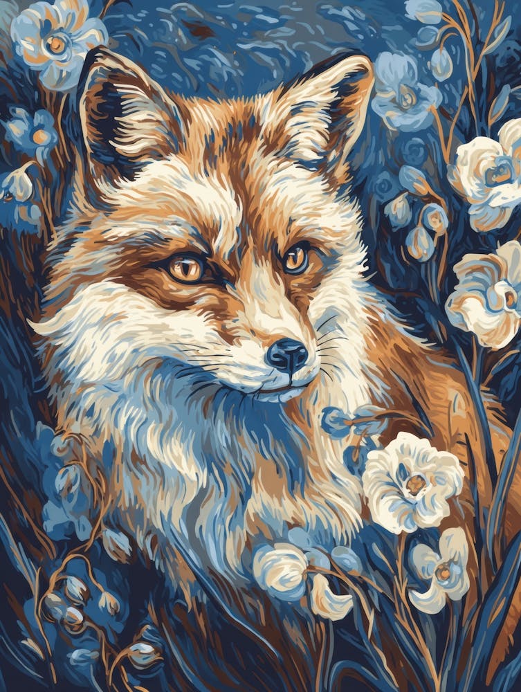 Fox In Blue Flowers