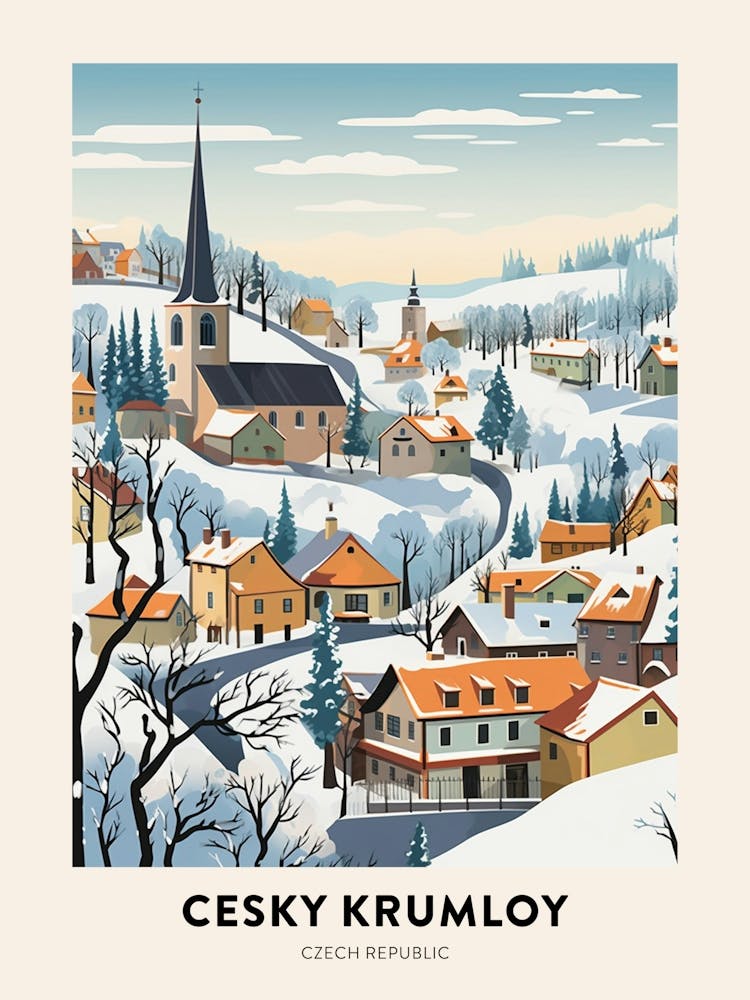 Vintage Winter Travel Poster Cesky Krumloy Czechia 3