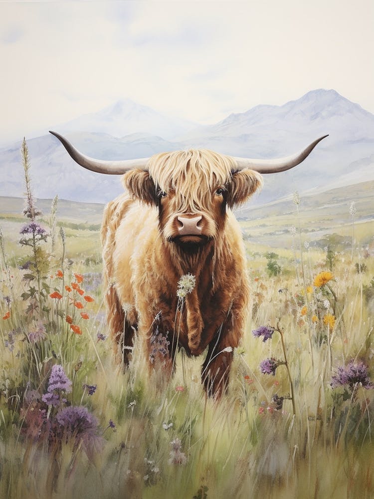Highland Cow In Colourful Wildflower Field Watercolour
