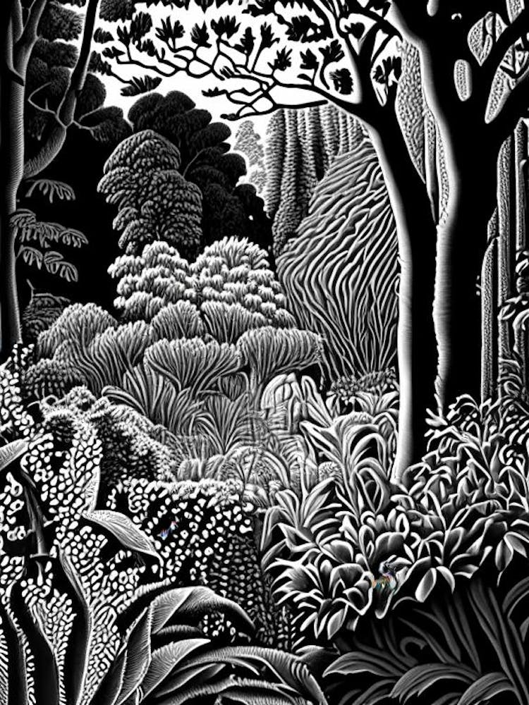 Bodnant Garden, 1, United Kingdom Linocut Black And White Vintage