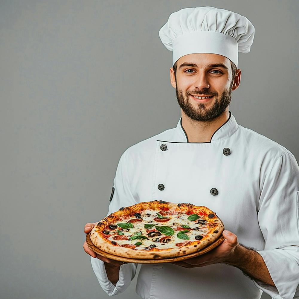 Chef Holding Pizza On Gray Background