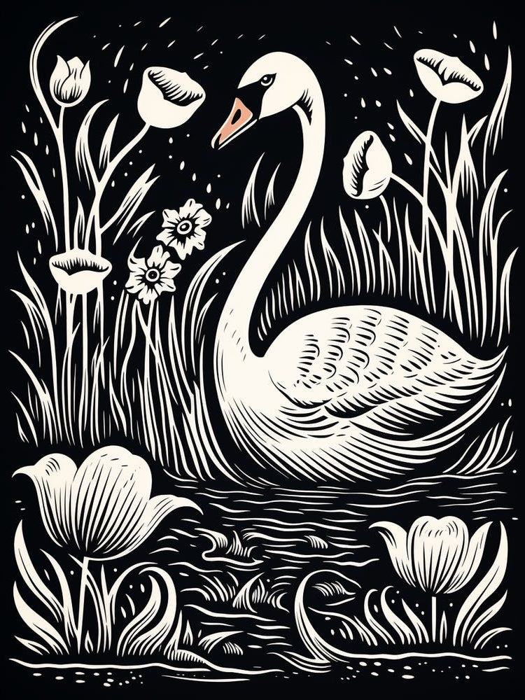 B&W Bird Linocut Swan 5