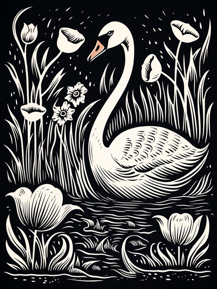 B&W Bird Linocut Swan 5