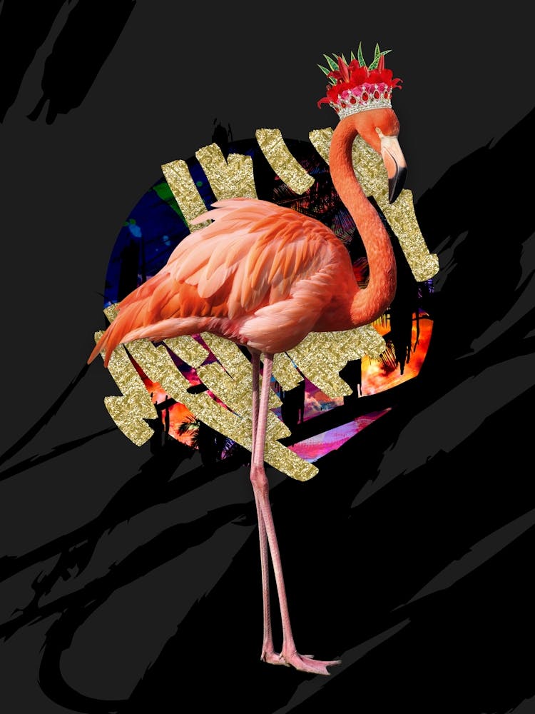 Royal Flamingo Wearing Floral Crown In Black And Gold
