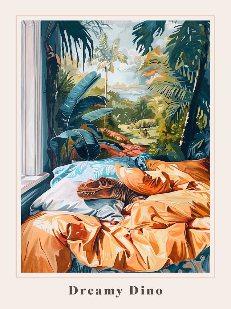 Dinosaur In Bed Painting Poster