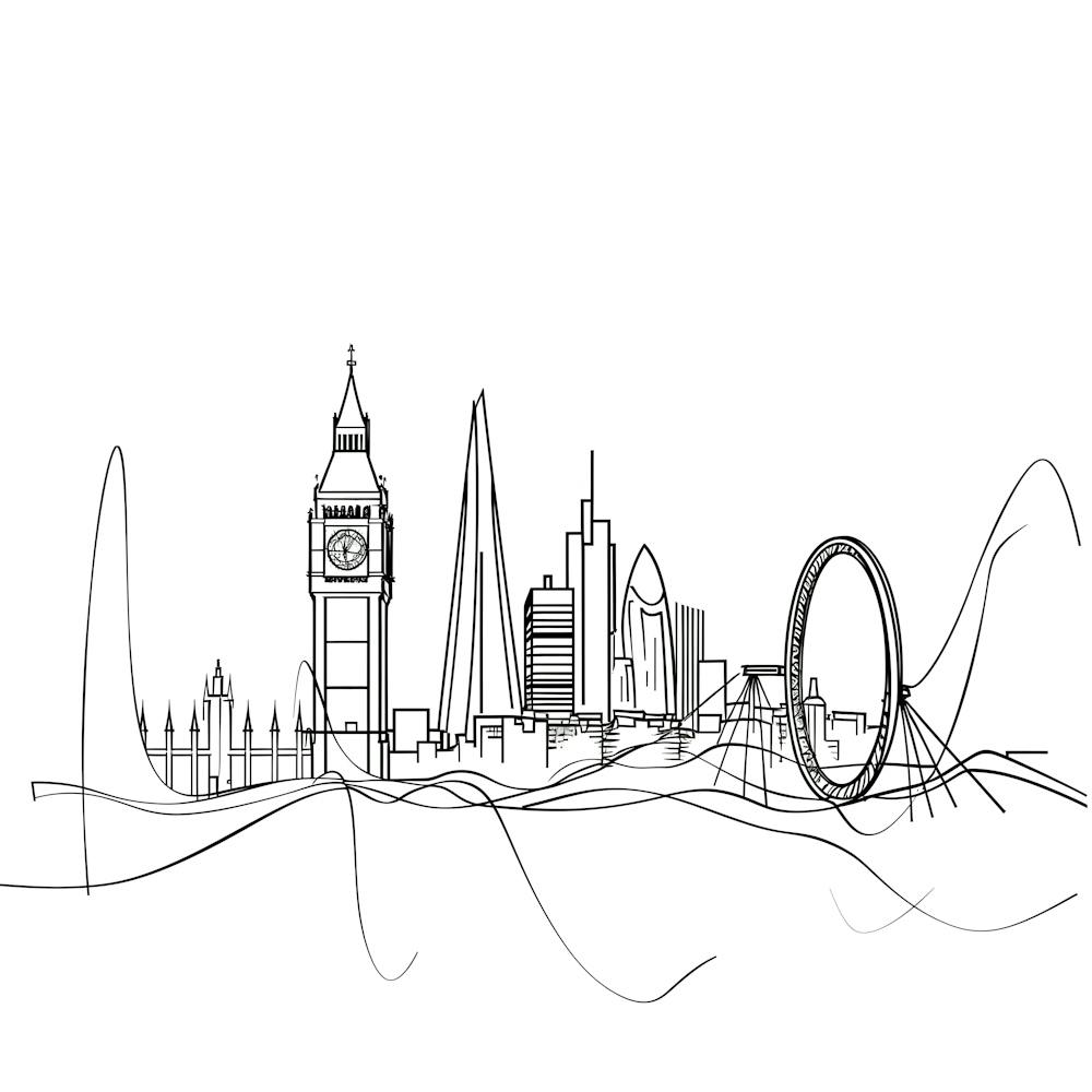 London Skyline, minimalist, line art, black and white.