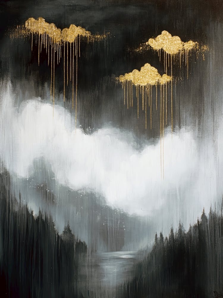 moody and luxurious painting of Golden rain clouds over misty forest in monochrome black, white & metallic gold – atmospheric abstract landscape in the style of surrealism, ideal for modern living rooms, luxe offices, or minimalist interiors