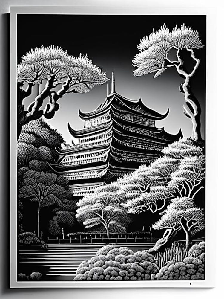 Osaka Castle Park, 1, Japan Linocut Black And White Vintage