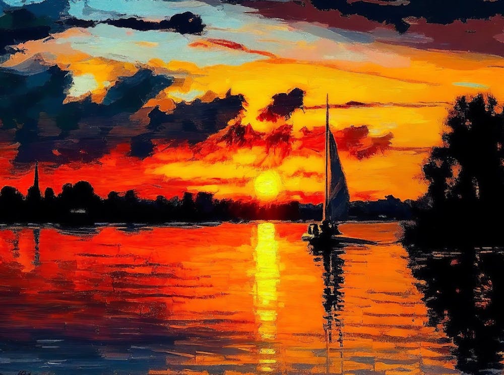 Captivating Sunset Landscape Painting,River Landscape Painting, Sunset Wall Hanging, Sunset Wall Art, Sunset Landscape Painting,Nature Print 1