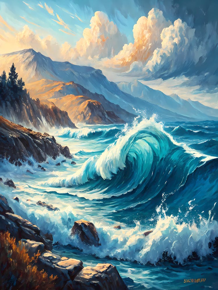 Une Mer Dynamique avec des Vagues Style Peinture à l'Huile