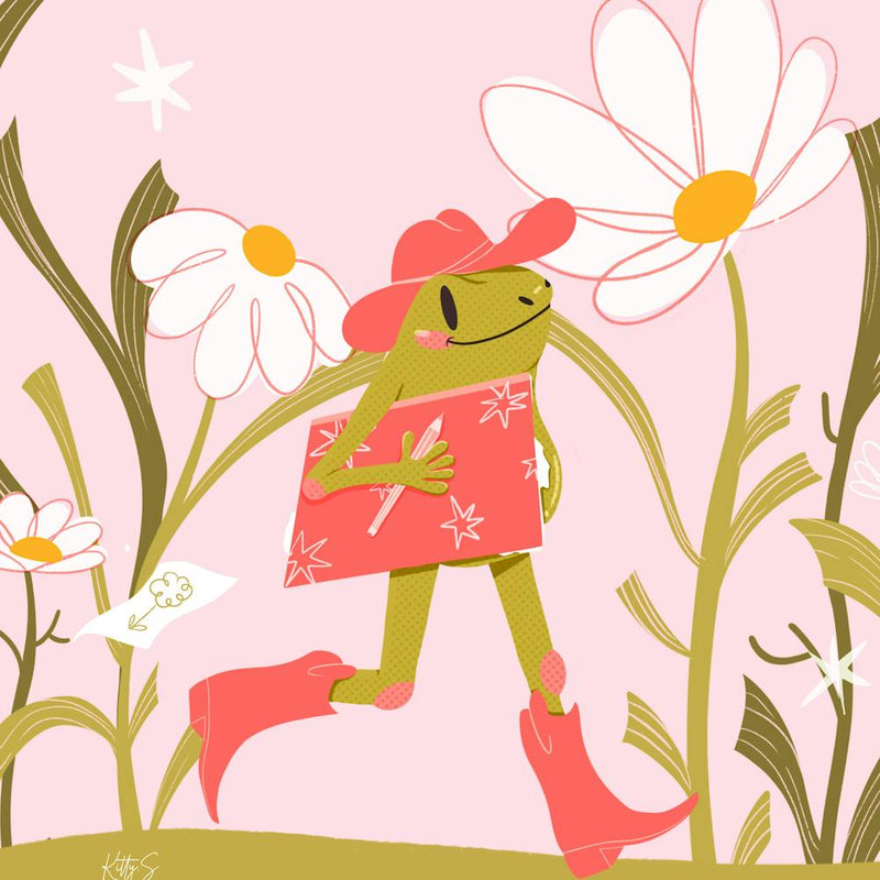 Cowboy frog walking through a field of flowers