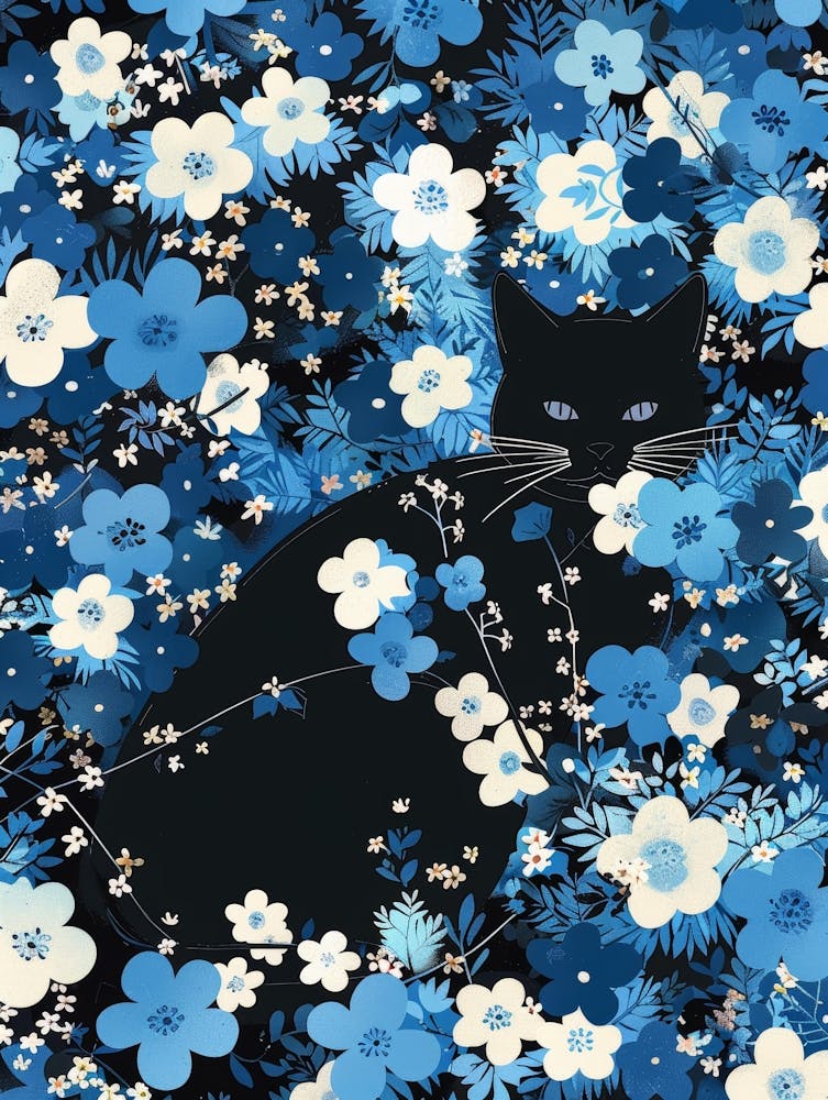 Schwarze Katze in blauen Blumen 5