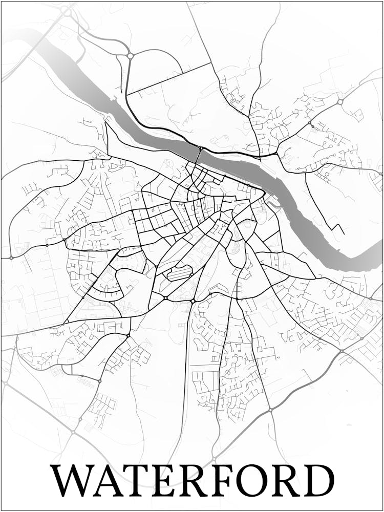 Waterford, Ireland, City Map, Black And White Fade Design