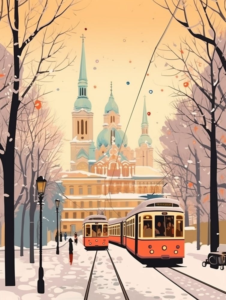 Vintage Winter Travel Illustration Vienna Austria 3