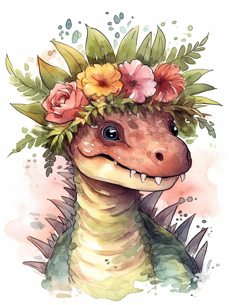 Spinosaurus With A Crown Of Flowers Cute Dinosaur Watercolour 3