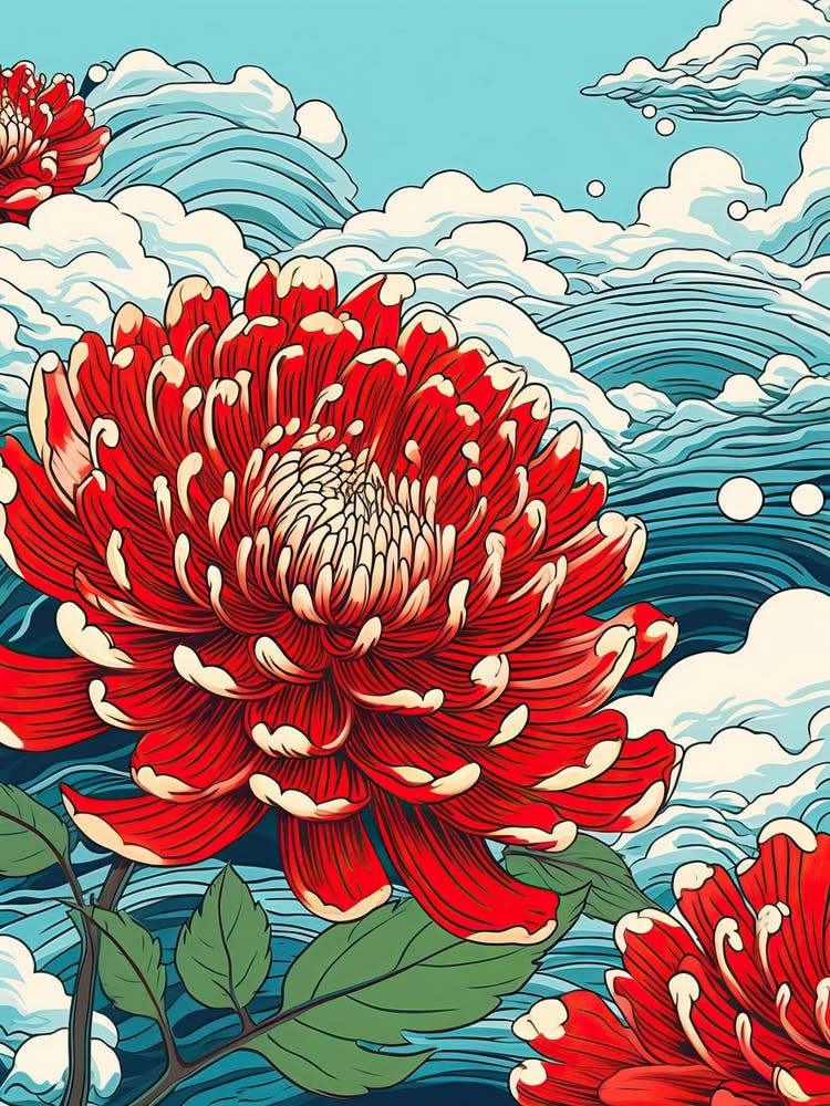 Great Wave With Zinnia Flower Drawing In The Style Of Ukiyo E 3