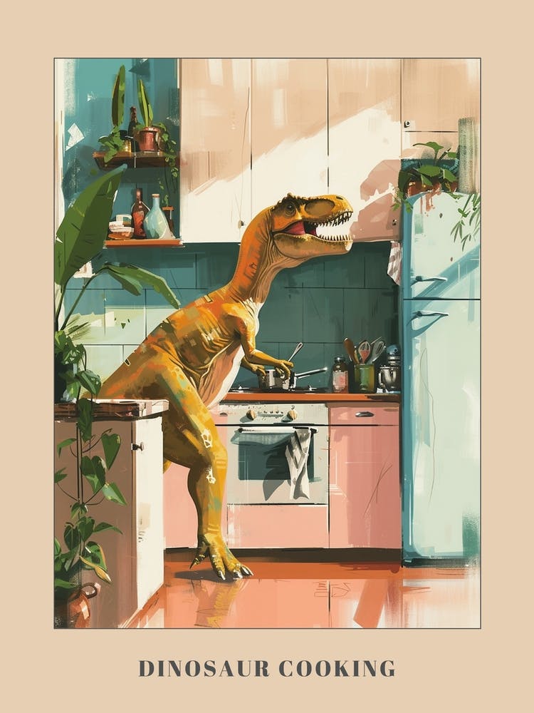 Dinosaur Cooking In The Kitchen Pastel Painting 2 Poster