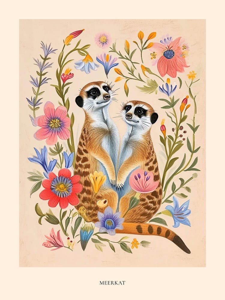 Folksy Floral Animal Drawing Meerkat Poster